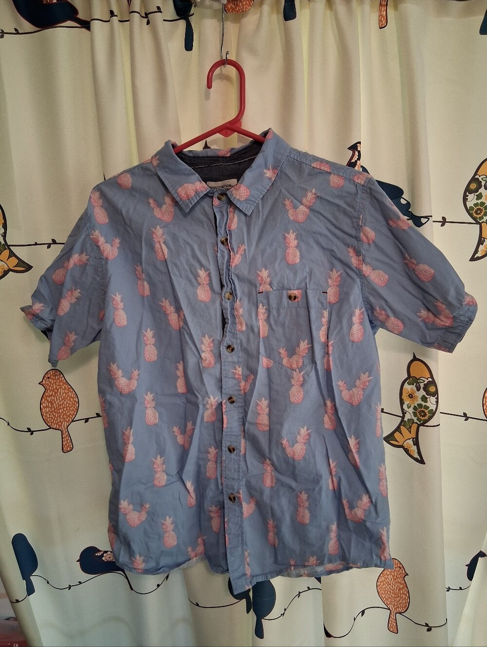 Distortion Mens Blue & Pink Pineapple Print Button Down Shirt Size L
